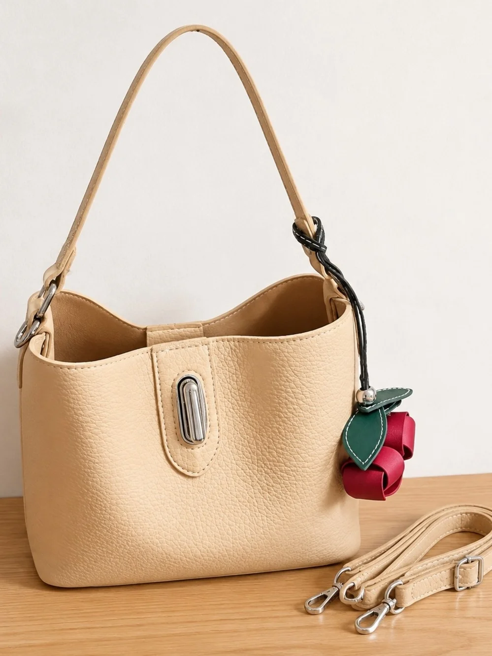 Beige Leatherette Shoulder Bag with Flower Charm